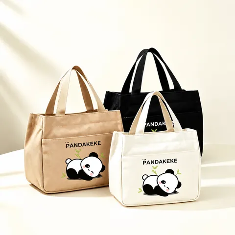Canvas Bento Lunch Box Bag Cartoon Panda Handbag Student Commute Storage Tote Bag Portable Food Pouch