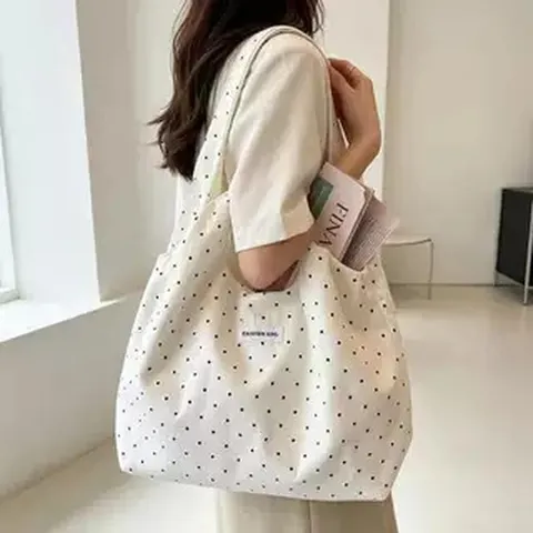 Women's Casual Large Capacity Canvas Tote Bag Fresh Sweet Polka Dot Print Shoulder Bag Daily Commute Handbag