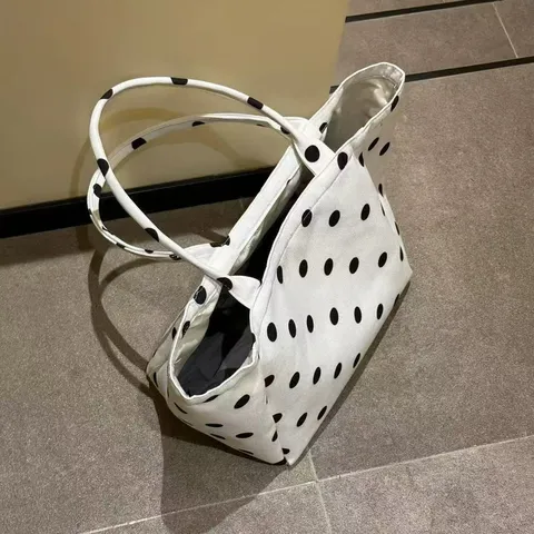 Women Canvas Tote Bag Large Capacity Casual Shoulder Bag Fashion Polka Dot Commuting Handbag Daily Simple Top Handle Bag