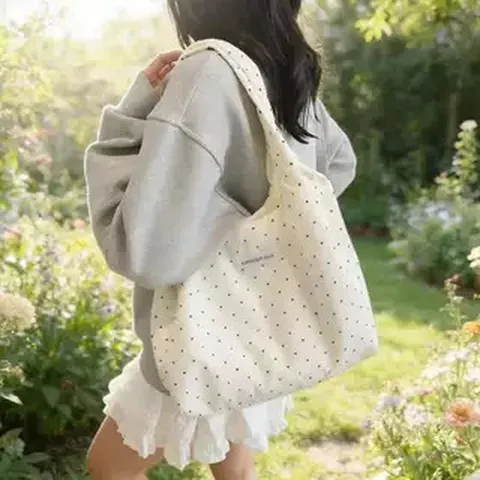Women's Casual Large Capacity Canvas Tote Bag Fresh Sweet Polka Dot Print Shoulder Bag Daily Commute Handbag
