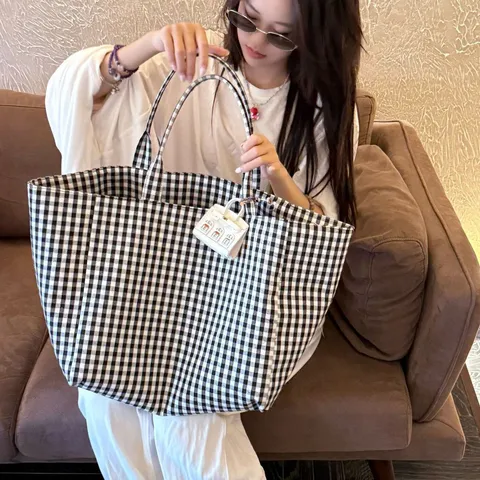 Large Capacity Canvas Tote Bag For Women Minimalist Black And White Plaid Shoulder Bag