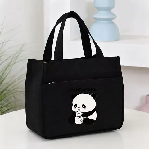 Canvas Bento Lunch Box Bag Cartoon Panda Handbag Student Commute Storage Tote Bag Portable Food Pouch