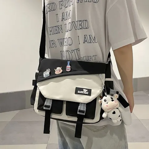 Men Women Casual Canvas Crossbody Bag Japanese Style Color Block Messenger Bag Large Capacity Commuting Shoulder Bag