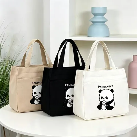 Canvas Bento Lunch Box Bag Cartoon Panda Handbag Student Commute Storage Tote Bag Portable Food Pouch