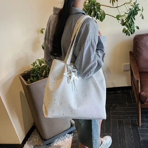 Korean Ins Star Print Canvas Tote Bag Large Capacity Casual Shoulder Bag Chic Commuting Handbag For Women