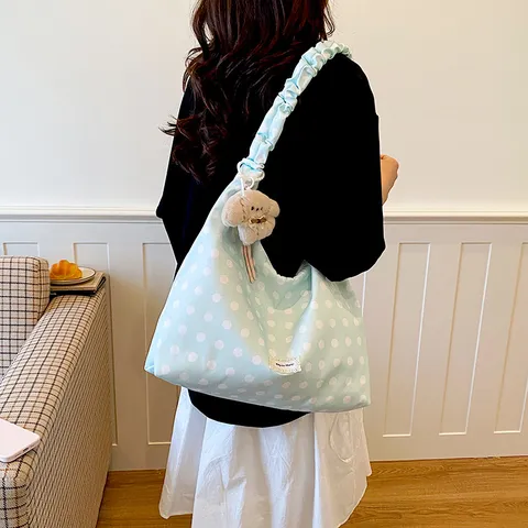 Korean Lazy Style Polka Dot Canvas Tote Bag Large Capacity Casual Shoulder Bag Versatile Commuter Handbag