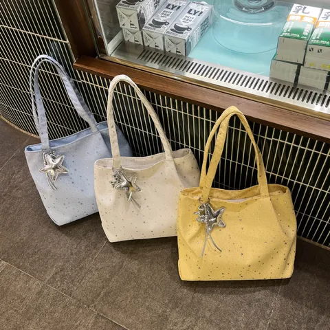 Korean Ins Star Print Canvas Tote Bag Large Capacity Casual Shoulder Bag Chic Commuting Handbag For Women