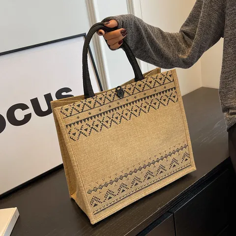 Women Casual Linen Tote Bag Large Capacity Ethnic Style Geometric Printed Handbag Commuting Shoulder Bag