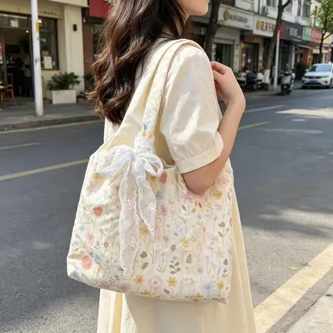 Women Canvas Tote Bag Floral Embroidery Lace Bow Casual Daily Shoulder Bag Large Capacity Shopper Handbag
