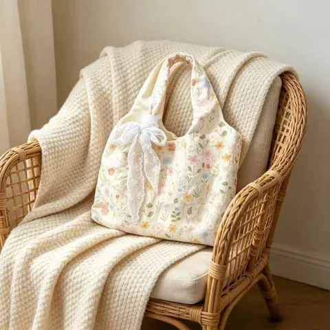 Women Canvas Tote Bag Floral Embroidery Lace Bow Casual Daily Shoulder Bag Large Capacity Shopper Handbag