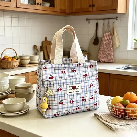 Ins Style Cherry Plaid Cosmetic Bag Large Capacity Makeup Storage Pouch Portable Travel Toiletry Handbag For Women
