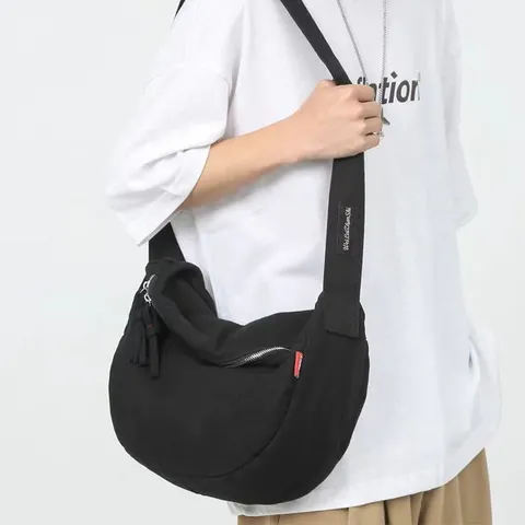 Casual Canvas Crossbody Bag For Women Japanese Style Simple Solid Color Shoulder Tote Bag Retro Slouchy Dumpling Bag