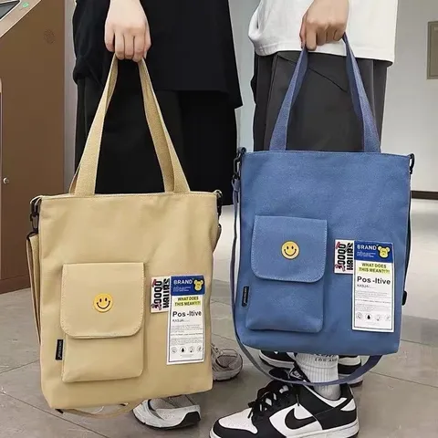 Men's Casual Canvas Tote Bag Large Capacity Single Shoulder Crossbody Bag Fashion Streetwear Handbag Zipper Closure