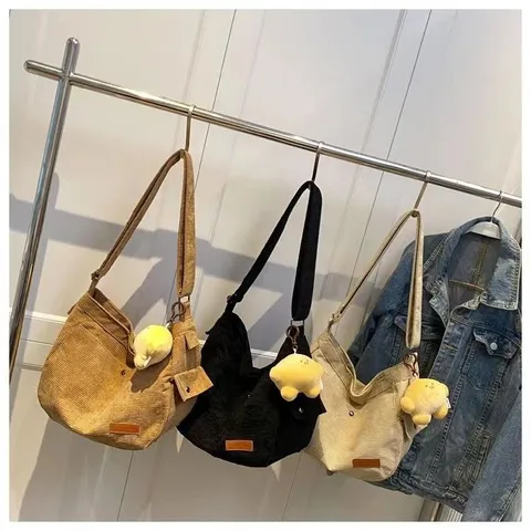 Casual Corduroy Tote Bag Large Capacity Shoulder Bag With Cute Plush Pendant For Women Daily Commute