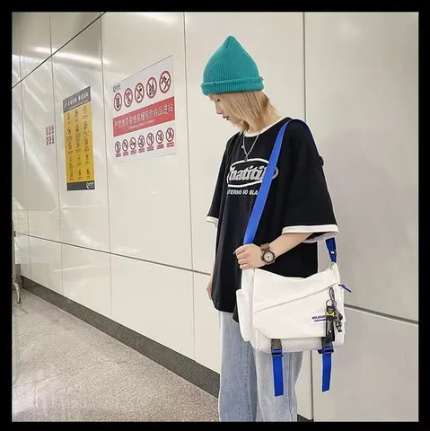 Men Canvas Crossbody Bag Casual Daily Commute Messenger Bag Simple Solid Color Shoulder Bag Student Casual Bookbag