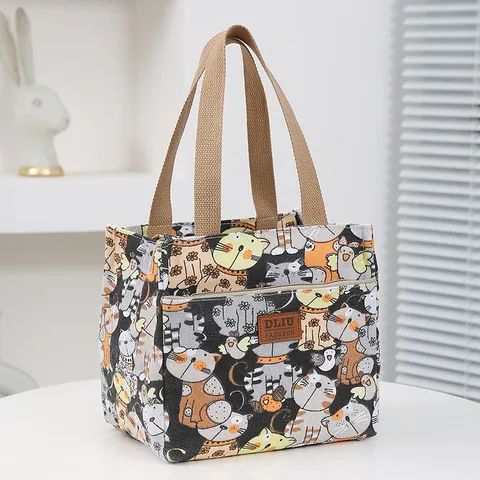 Thickened Canvas Lunch Bag Women Ins Style Portable Handbag Cute Cartoon Cat Floral Letter Print Casual Tote Storage Bag