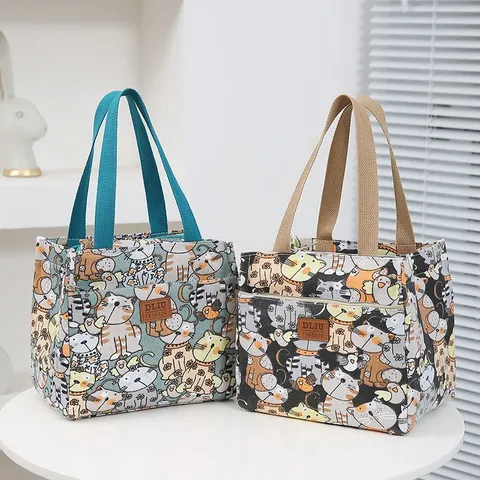 Thickened Canvas Lunch Bag Women Ins Style Portable Handbag Cute Cartoon Cat Floral Letter Print Casual Tote Storage Bag