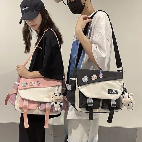Borsa a Tracolla in Tela di Grande Capacità Unisex Blocco di Colore Borsa a Tracolla Casual Studente Messenger Borsa da Lavoro