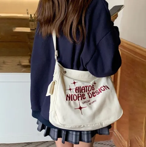 Simple Student Canvas Crossbody Bag Large Capacity Tote Bag Casual Shoulder Bag With English Letter Embroidery