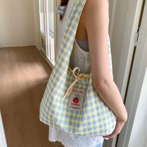 Women's Casual Plaid Canvas Tote Bag Large Capacity Student School Handbag Bowknot Contrast Color Daily Shoulder Bag