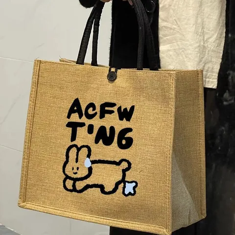 Women Casual Linen Tote Bag Large Capacity Ethnic Style Geometric Printed Handbag Commuting Shoulder Bag
