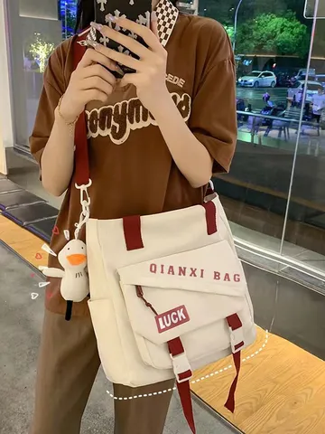 Women Canvas Backpack Student Casual Large Capacity School Bag Color Block Travel Daypack