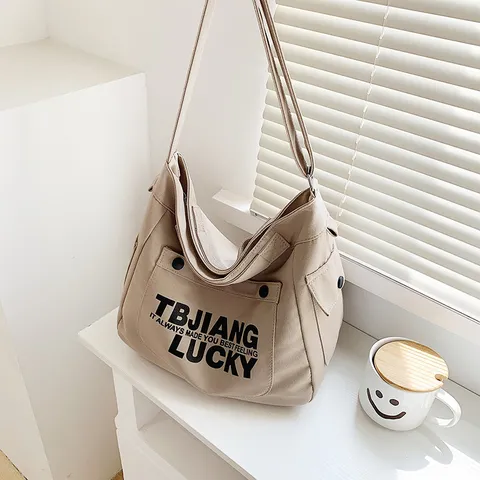 Women Large Capacity Canvas Tote Bag Casual Student School Bag Stylish Letter Print Shoulder Crossbody Bag