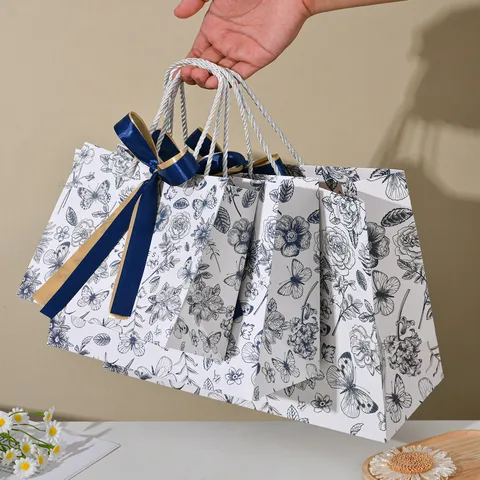 Elegante Bloemen Cadeau Papieren Zakken Met Strik Strik Decoratieve Draagtassen Voor Vakantie Feest Bruiloft Cadeau Verpakking