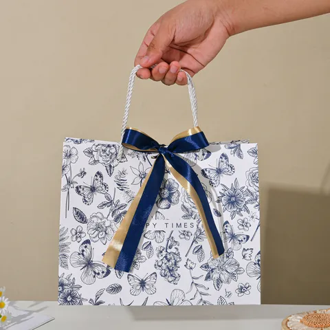 Elegante Bloemen Cadeau Papieren Zakken Met Strik Strik Decoratieve Draagtassen Voor Vakantie Feest Bruiloft Cadeau Verpakking
