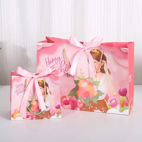 Lerarendag Cadeautas Met Strik Leuke Bloemen Papieren Draagtas Voor Feest Vakantie Cadeauverpakking