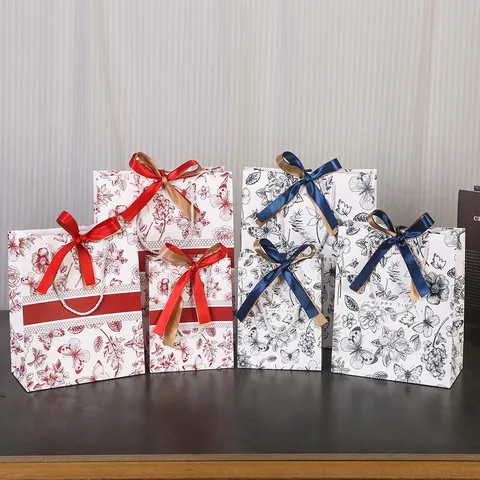Sac Cadeau en Carton Blanc Laminé Floral Rétro avec Nœud en Ruban pour Fête Mariage Emballage de Cadeau de Vacances