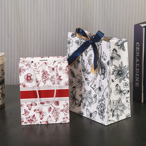 Sac Cadeau en Carton Blanc Laminé Floral Rétro avec Nœud en Ruban pour Fête Mariage Emballage de Cadeau de Vacances