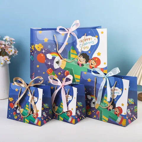 Cartoon Gift Bags Paper Goodie Bags With Ribbon Bow Handles For Kids Birthday Party Favors Snack Packaging
