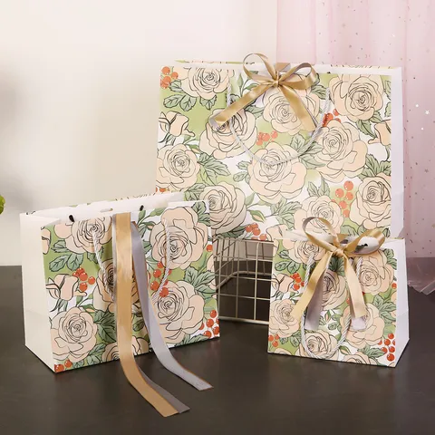 Champagne Roos Cadeautas Met Lint Wit Karton Klein Middel Groot Draagtas Voor Feest Bruiloft Cadeauverpakking Kledingopslag