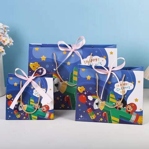 Cartoon Gift Bags Paper Goodie Bags With Ribbon Bow Handles For Kids Birthday Party Favors Snack Packaging