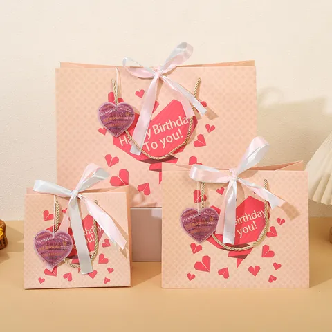 Roze Verjaardag Cadeautassen Met Lintstrik en Kaart Schattige Papier Geschenkverpakking Tassen Voor Feest Vrouwen Meisjes
