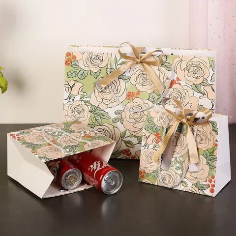 Champagne Roos Cadeautas Met Lint Wit Karton Klein Middel Groot Draagtas Voor Feest Bruiloft Cadeauverpakking Kledingopslag