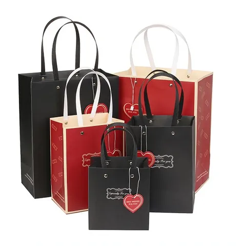 Red Paper Gift Bags With Ribbon Handles And Heart Tags For Wedding Party Favor Shopping And Holiday Present Wrapping