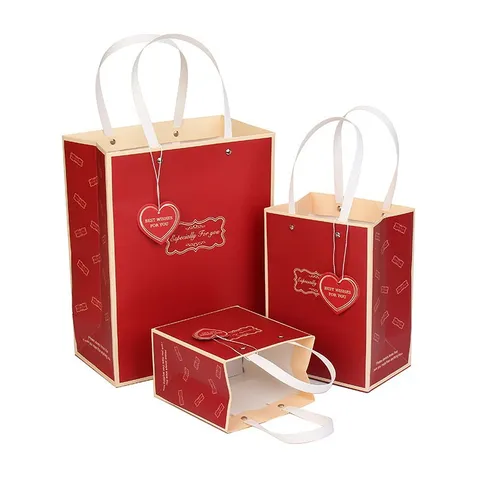 Red Paper Gift Bags With Ribbon Handles And Heart Tags For Wedding Party Favor Shopping And Holiday Present Wrapping