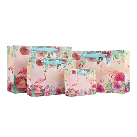Flamingo Print Papier Cadeau Zak Aquarel Bloemen Cadeau Verpakking Zak Met Lint Handvat Voor Feest Bruiloft Winkelen