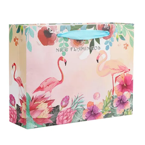 Flamingo Print Papier Cadeau Zak Aquarel Bloemen Cadeau Verpakking Zak Met Lint Handvat Voor Feest Bruiloft Winkelen