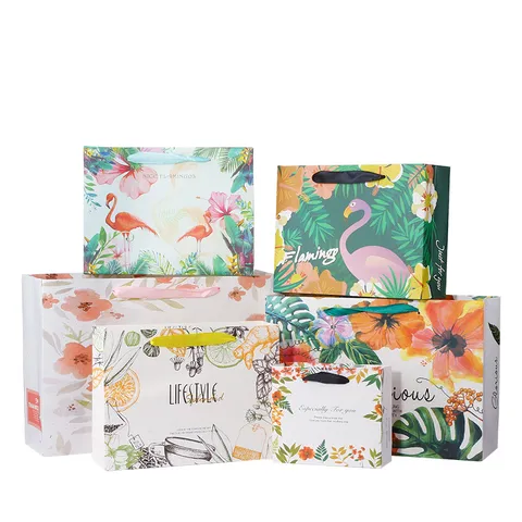 Creative Flamingo Fruit Tea Pattern Paper Gift Bag Decorative Shopping Tote Bag for Party Wedding Packaging