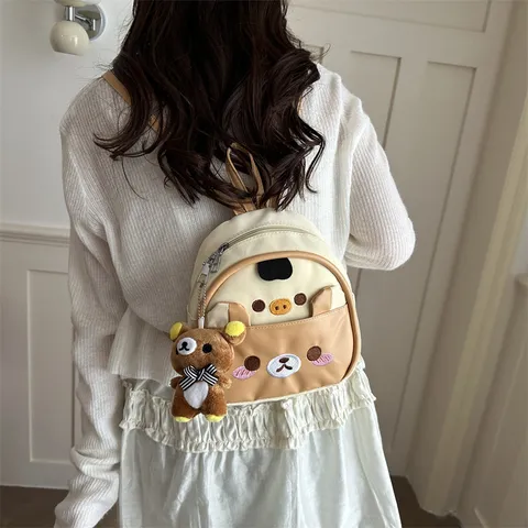 Cute Cartoon Bear PU Leather Casual Mini Backpack Women Student Commuting School Book Bag With Doll Pendant