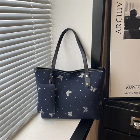 Women's Large Capacity Tote Bag Fashion Casual PU Leather Shoulder Bag Sequin Butterfly Pattern Commuting Handbag