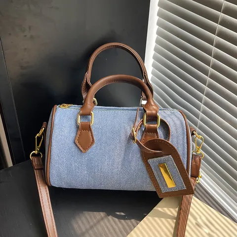 Women's Vintage Denim Boston Bag Casual Commuting Handbag Contrast Color Patchwork Single Shoulder Crossbody Bag