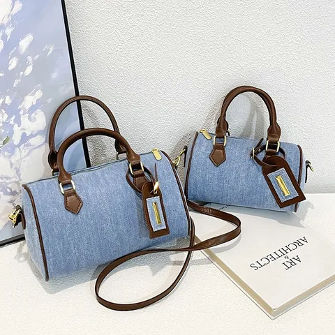Women's Vintage Denim Boston Bag Casual Commuting Handbag Contrast Color Patchwork Single Shoulder Crossbody Bag