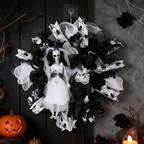 Halloween Skeleton Bride And Groom Wedding Wreath Scary Ghost Bride Groom Door Hanging Gothic Home Party Decor