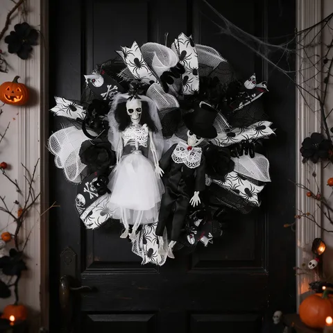 Halloween Skeleton Bride And Groom Wedding Wreath Scary Ghost Bride Groom Door Hanging Gothic Home Party Decor