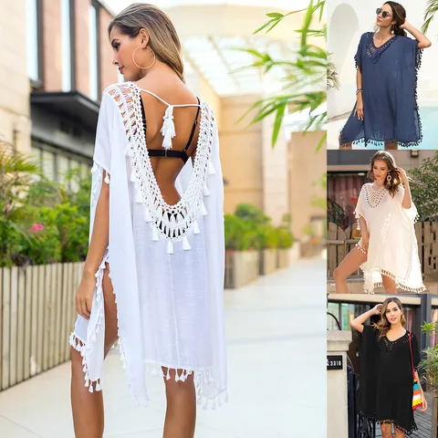 Women Sexy Backless Beach Cover Up Dress Crochet Patchwork Tassel V Neck Side Slit Hollow Out Swimsuit Sun Protection