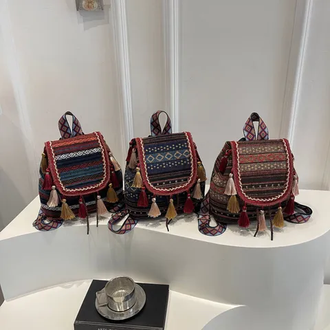 Ethnic Style Canvas Backpack For Women Vintage Tassel Diamond Lattice Large Capacity Travel Bag Casual School Bookbag